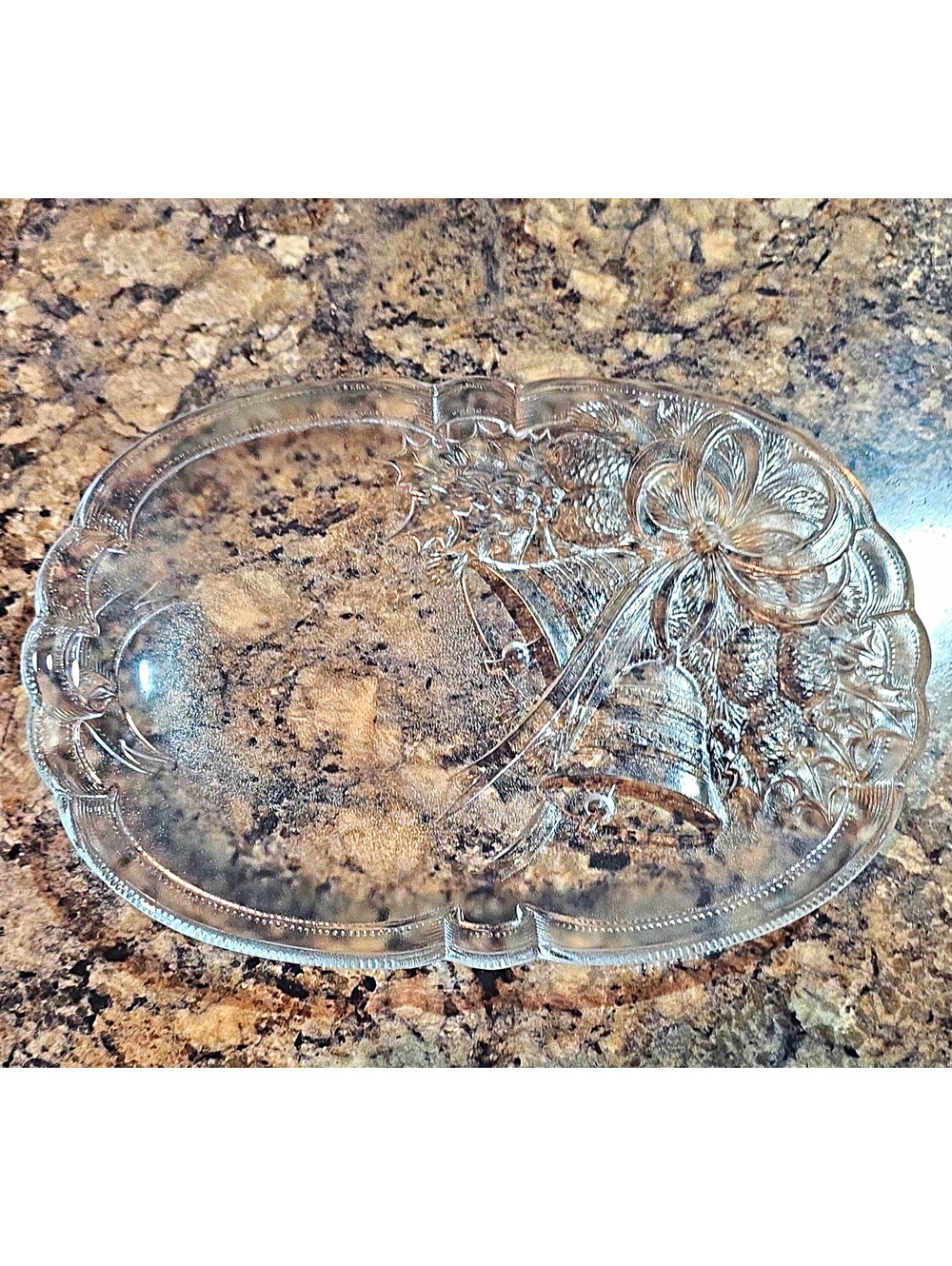 Mikasa Holiday Bells Oblong Serving Platter Clear Glass 10.25" Vintage 1989